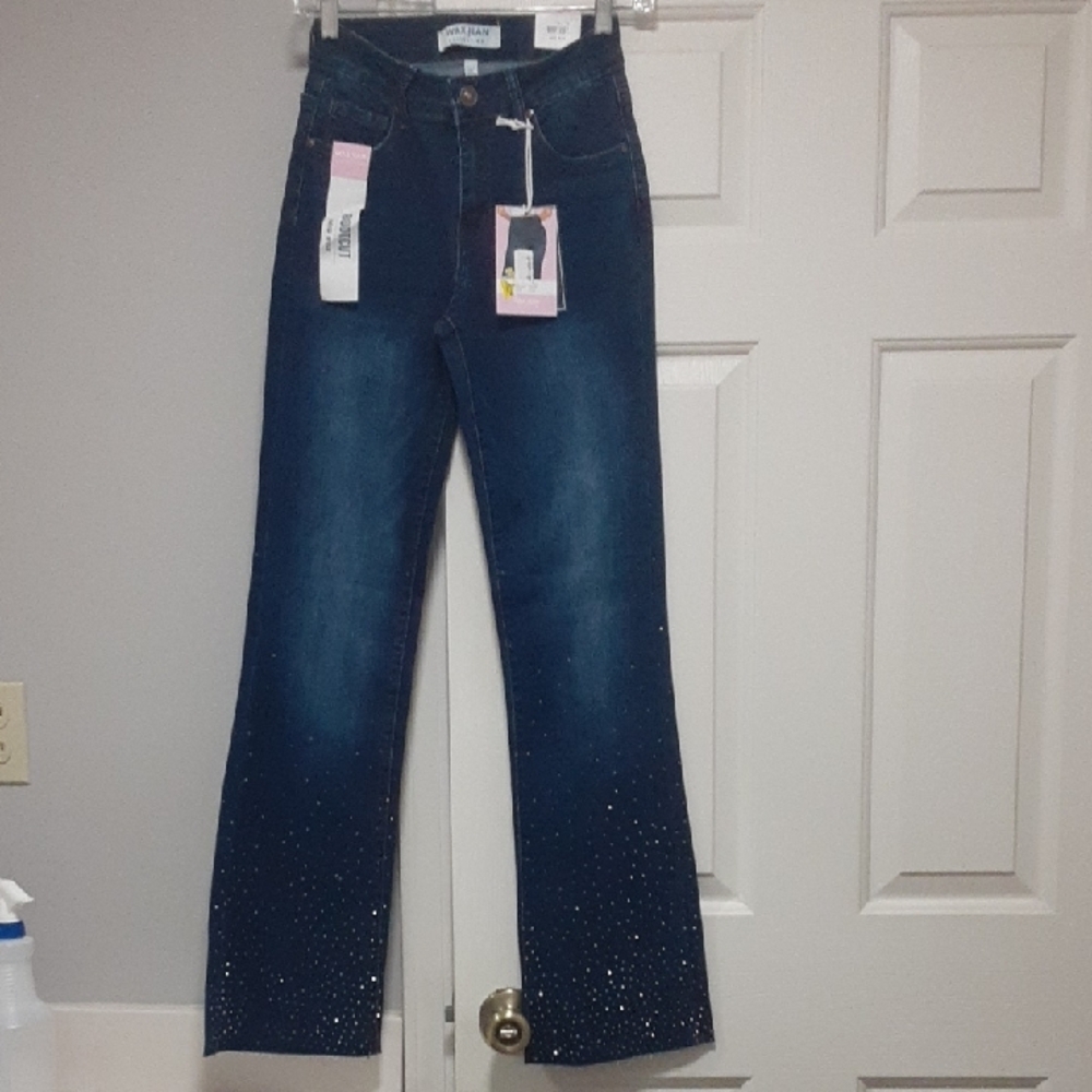 Wax Jean Blue Flare Wide Leg Jeans with Embellished Hem